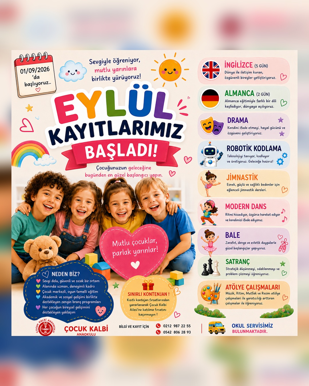 Çocuk Kalbi Anaokulu Eylül Dönemi Kayıtlarımız Başlamıştır !!!